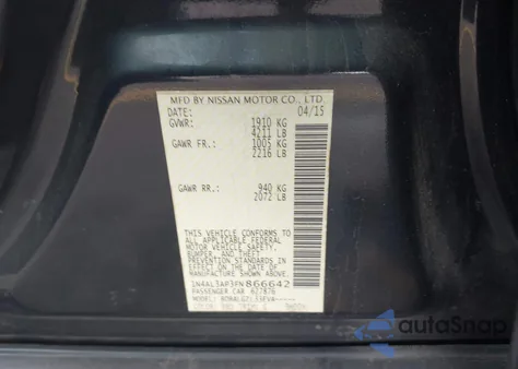 2015 Nissan Altima 2.5/2.5 S/2.5 Sl/2.5 Sv z USA, uszkodzony, nr VIN 1N4AL3AP3FN866642